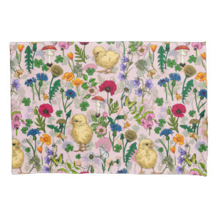 Chickens and wildflowers on cotton candy pink pillowcase