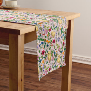 Chickens and wildflowers on cotton candy pink short table runner