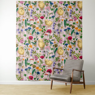 Chickens and wildflowers on cotton candy pink tapestry