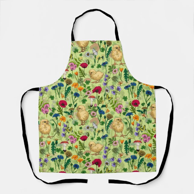 Chickens and wildflowers on honey dew green apron (Front)