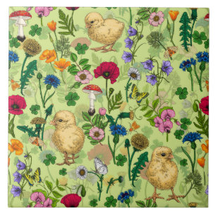 Chickens and wildflowers on honey dew green ceramic tile