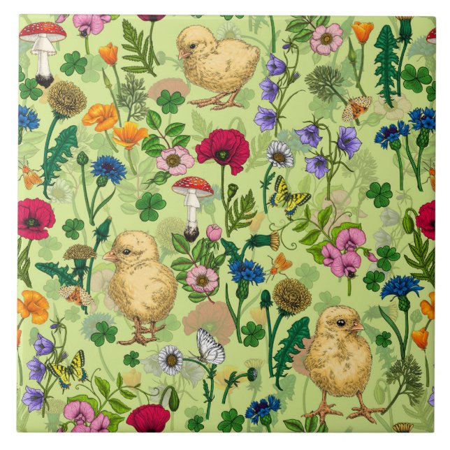 Chickens and wildflowers on honey dew green ceramic tile (Front)
