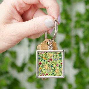 Chickens and wildflowers on honey dew green key ring