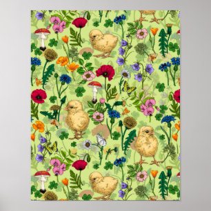 Chickens and wildflowers on honey dew green poster