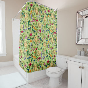 Chickens and wildflowers on honey dew green shower curtain