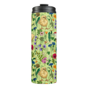 Chickens and wildflowers on honey dew green thermal tumbler