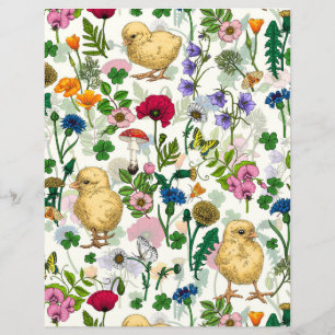 Chickens and wildflowers on off white