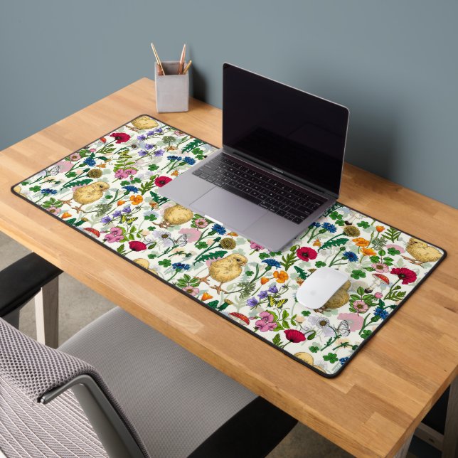 Chickens and wildflowers on off white desk mat (Office 2)