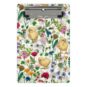 Chickens and wildflowers on off white mini clipboard