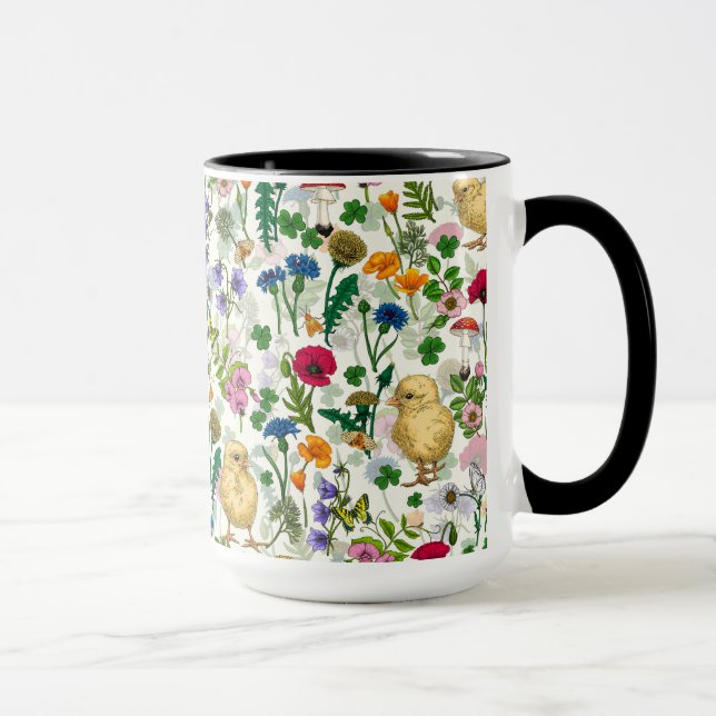 Chickens and wildflowers on off white mug (Right)