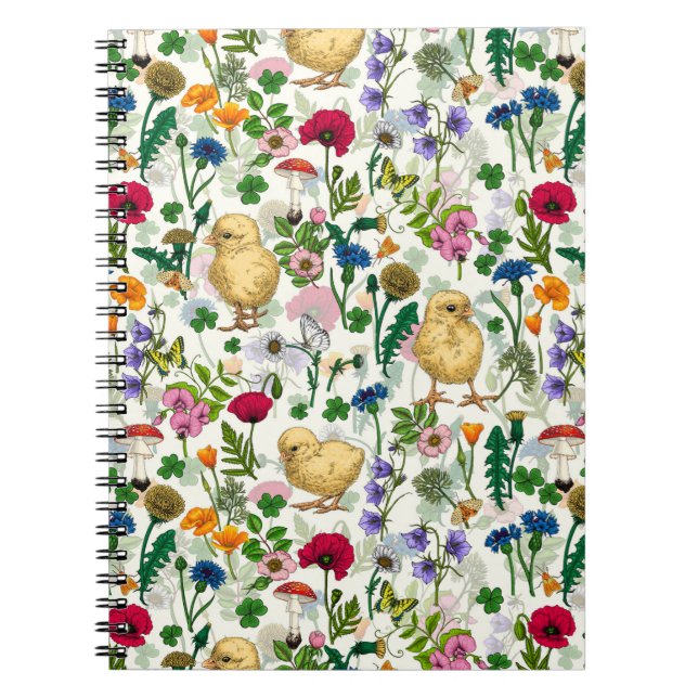 Chickens and wildflowers on off white notebook (Front)
