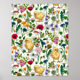 Chickens and wildflowers on off white poster