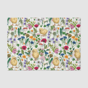 Chickens and wildflowers on off white tissue paper