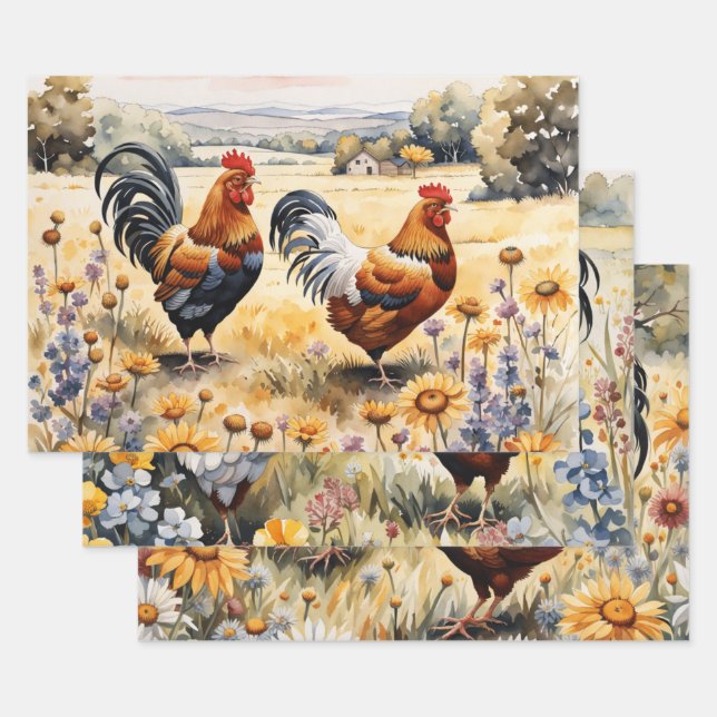Chickens and Wildflowers Wrapping Paper Sheet (Set)