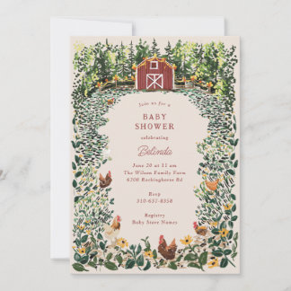 Chickens at the Barn Charming Farm Baby Shower Invitation