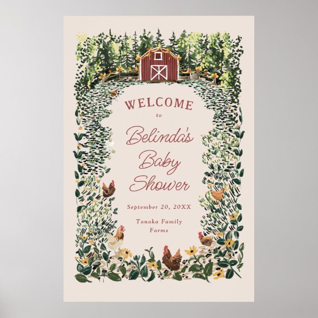 Chickens Barn Charming Farm Baby Shower Welcome Poster (Front)