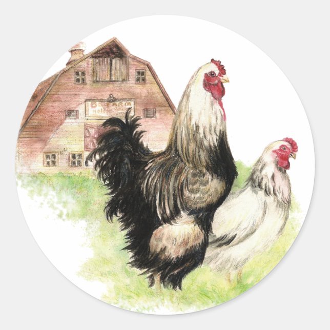 Chickens & Barn Farm Scene to Customise Classic Round Sticker (Front)