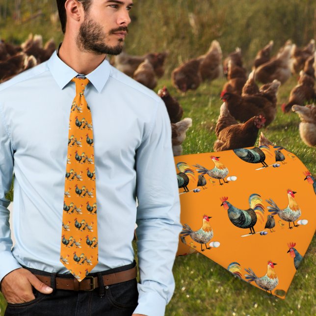 Chickens Birds Farm Pattern Orange Tie (Creator Uploaded)