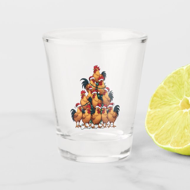 Chickens Christmas tree Merry Christmas Funny Xmas Shot Glass (Front)