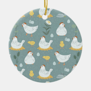 Chickens Dreaming in the Coop in Teal  Ceramic Ornament