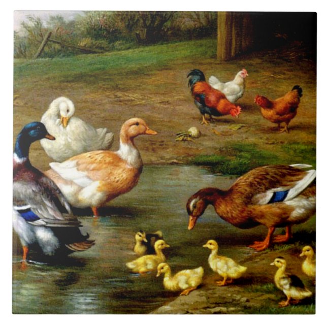 Chickens, Ducks And Ducklings At The Farm Ceramic Tile (Front)