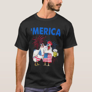 Chickens Family Drinking America Flag Beer Happy 4 T-Shirt