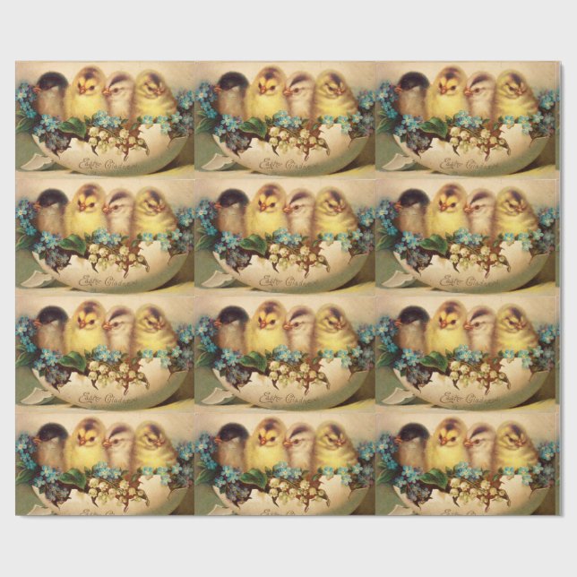 CHICKENS,FLOWERS AND EASTER EGGS WRAPPING PAPER (Flat)
