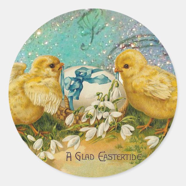 CHICKENS,FLOWERS ,EASTER EGG IN GOLD BLUE SPARKLES CLASSIC ROUND STICKER (Front)