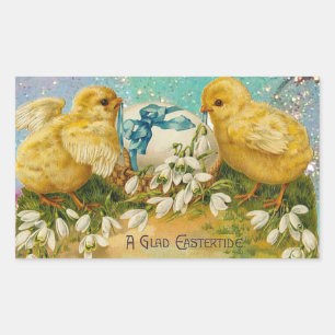 CHICKENS,FLOWERS ,EASTER EGG IN GOLD BLUE SPARKLES RECTANGULAR STICKER