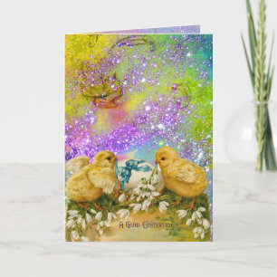 CHICKENS,FLOWERS EASTER EGG IN GOLD PURPLE SPARKLE HOLIDAY CARD