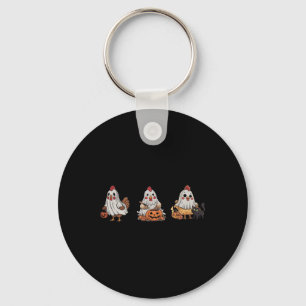 Chickens In Ghost Costume Pumpkin Black Cat Hallow Key Ring
