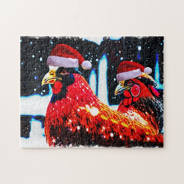 Chickens in Santa Hats Winter Art Puzzle (Horizontal)