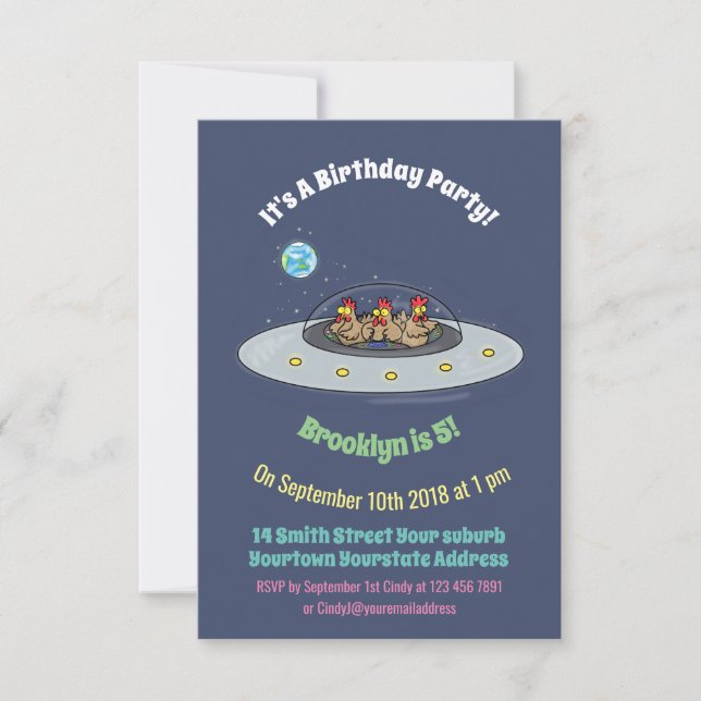 Chickens in space cartoon invitation (Front)
