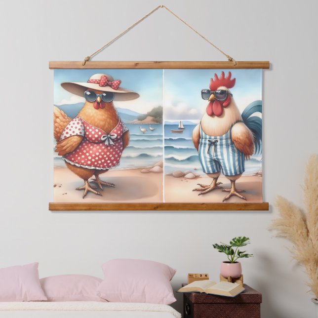 Chickens in Swimsuits at the Seaside Hanging Tapestry (Bedroom)