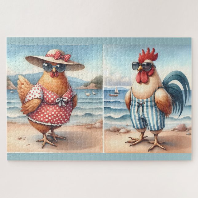 Chickens in Swimsuits at the Seaside Jigsaw Puzzle (Horizontal)