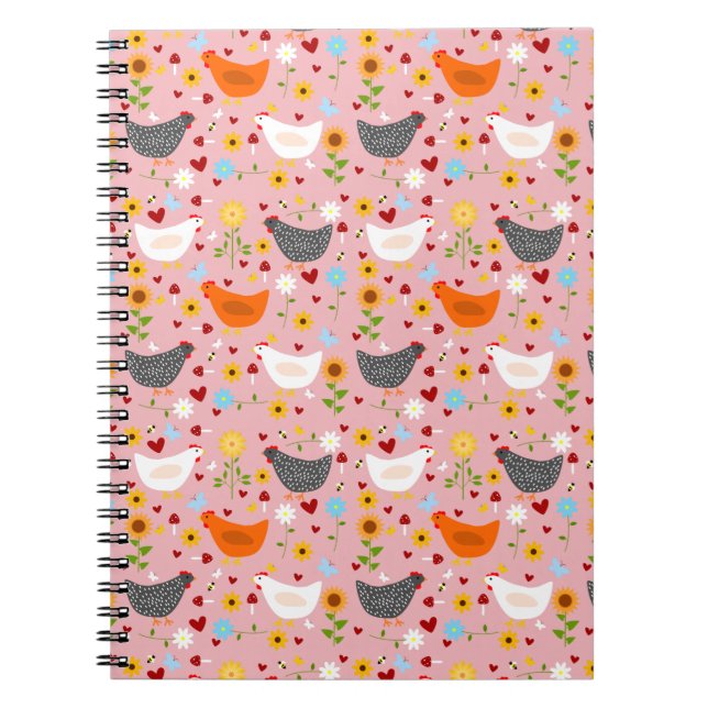 Chickens in the Flower Garden Pink Notebook (Front)