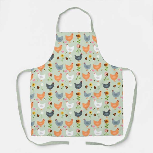 Chickens in the Flowers Green Apron (Front)