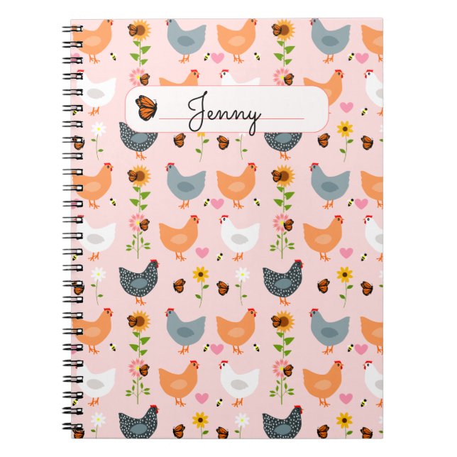 Chickens in the Flowers Pink Personalised Notebook (Front)