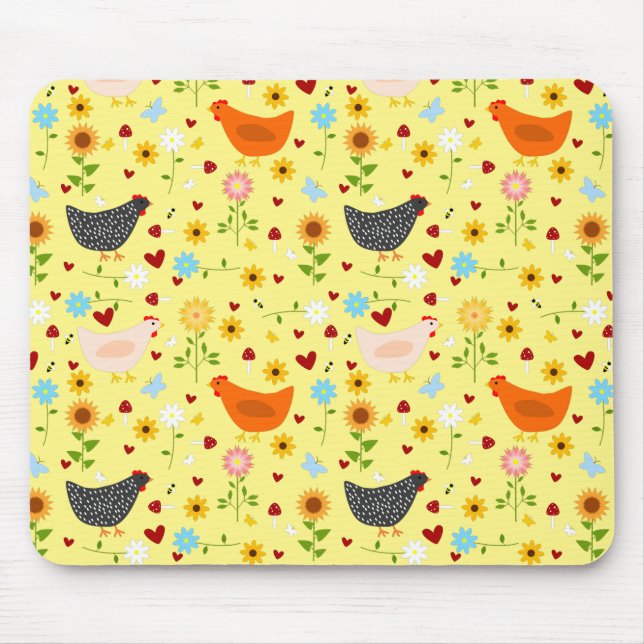 Chickens in the Garden with Bugs and Flowers Mouse Pad (Front)