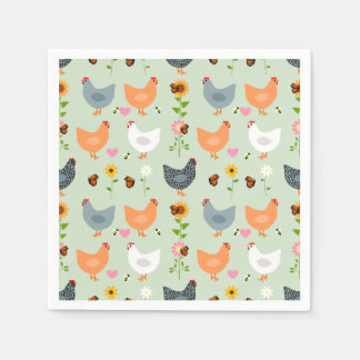 Chickens in the Garden with Flowers, Green Napkin