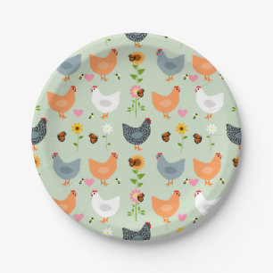 Chickens in the Garden with Flowers, Green Paper Plate