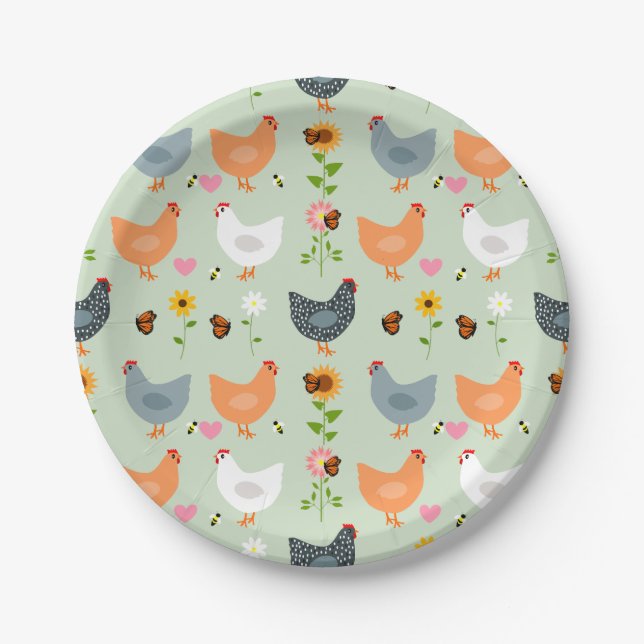 Chickens in the Garden with Flowers, Green Paper Plate (Front)