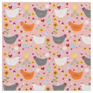 Chickens in the Garden with Flowers Pink Fabric