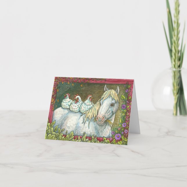 CHICKENS IN THE STABLE, HORSE NOTE CARD Blank (Front)