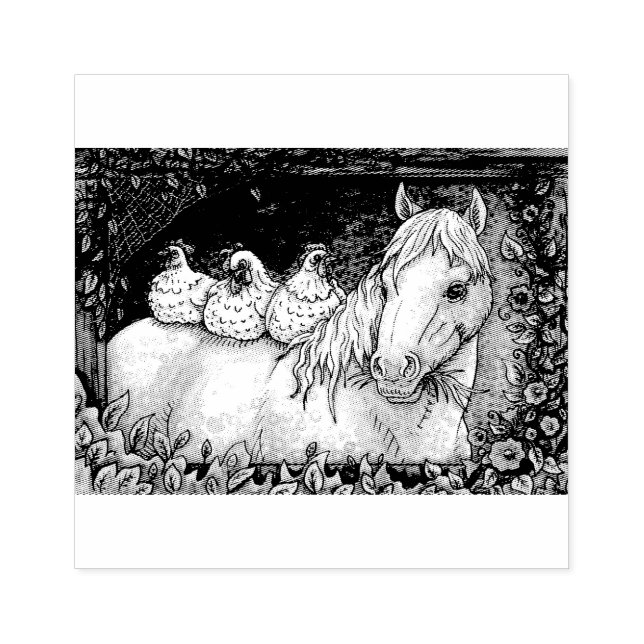 CHICKENS IN THE STABLE, HORSE RUBBER STAMP (Imprint)