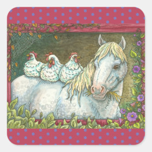 CHICKENS IN THE STABLE, HORSE STICKERS Squ. Sheet