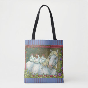 CHICKENS IN THE STABLE, HORSE TOTE BAG Blue