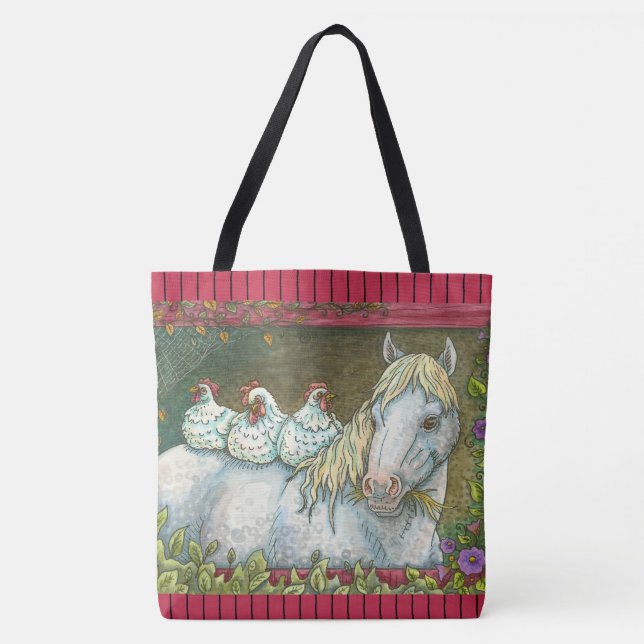 CHICKENS IN THE STABLE, HORSE TOTE BAG Red (Front)