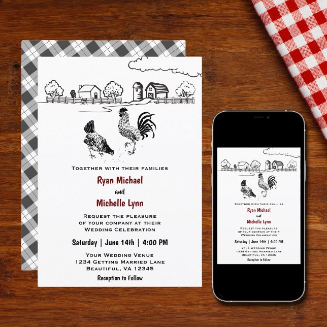 Chickens Rooster and Hen Chicken Farm Wedding Invitation (Creator Uploaded)