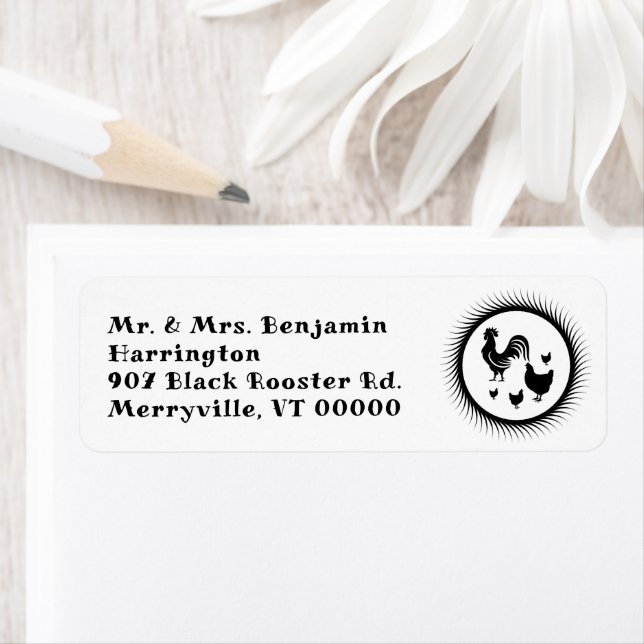 Chickens Rooster Black n White Return Address Label (Insitu)